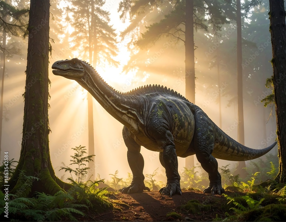 Fototapeta premium Large herbivorous dinosaur in a misty forest scene
