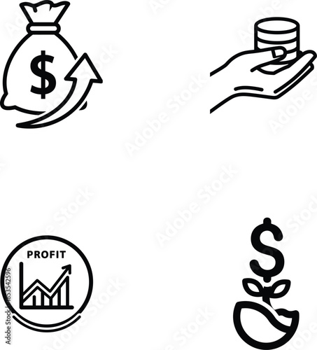 Financial icons including money bag coins graph and dollar sign
