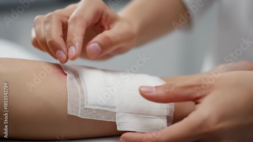Medical professional hands bandaging wound on arm with sterile gauze