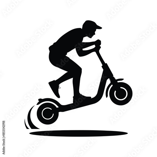 Silhouette of person riding electric scooter jumping isolated on