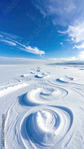 Snowy landscape with swirling patterns under a blue sky