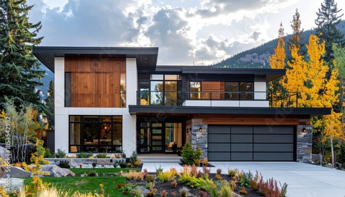 Modern two-story house with natural elements and mountain view