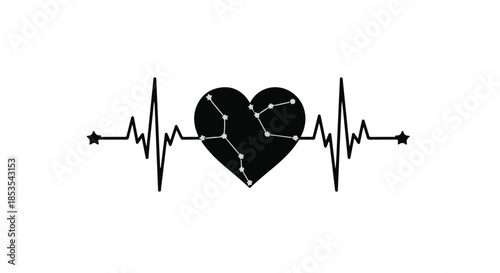 Abstract electrocardiogram with a broken constellation heart symbolizing loss or sadness