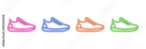 Neon glowing sneakers vector icons set, casual footwear, sport shoes, modern style, trendy design, vibrant colorful digital illustration on transparent background.