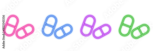 Neon glowing pills vector icons set, medicine, capsules, healthcare, pharmacy, treatment, drug, medical, digital, vibrant colorful design illustration on transparent background.