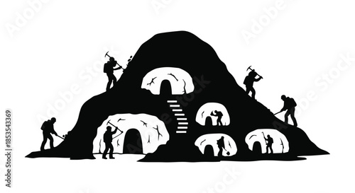 Early humans diligently excavating cave dwellings in a hillside for shelter and community.