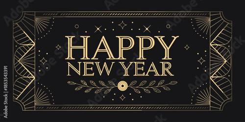 Elegant gold Happy New Year text on black background with art deco design