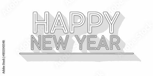 Simple outline-style “Happy New Year” text, thin clean lines, modern flat vector look, sharp edges, balanced spacing, minimal festive background