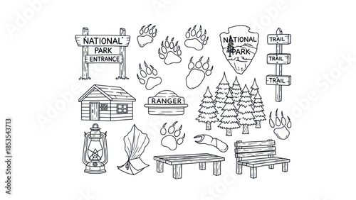 Outlined national park icons set trail cabin entrance sign paw prints