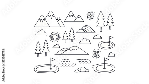 Outlined nature elements and golf course illustrations in vector style