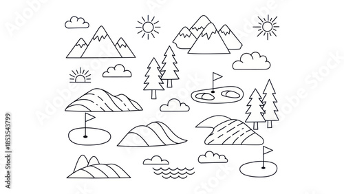 Outlined nature elements collection mountains trees clouds sun golf course
