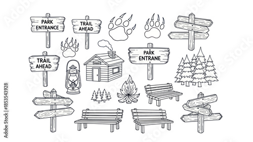 Outlined park elements signs benches cabin trees and animal tracks