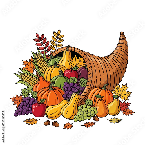 Abundant harvest cornucopia overflowing with vibrant fruits and vegetables