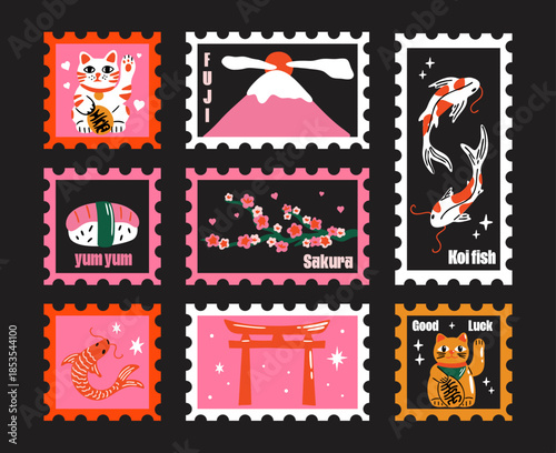 Japan travel, tourism concept vector sticker elements set with kawaii cute cartoon illustration of asian food, sushi, maneki neko, fuji mountain, koi fish, sakura blossom for design