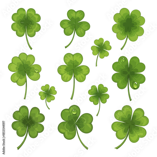 Collection of vibrant green shamrocks with dew drops on white background