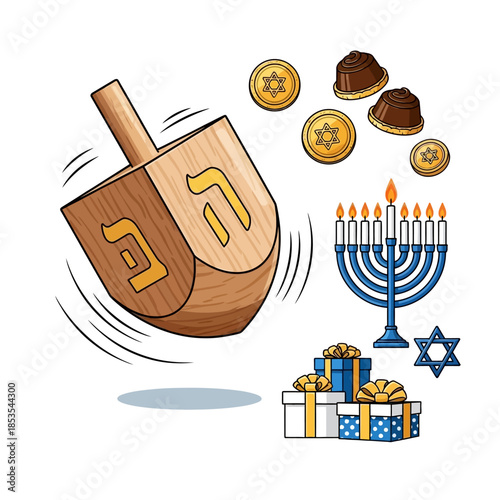 Vibrant Hanukkah celebration with traditional symbols and gifts