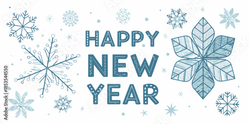 Happy New Year celebration with snowflakes and festive text