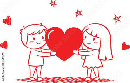 Cute Cartoon Couple Holding Heart for Valentine's Day