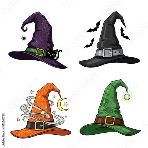 Whimsical witch hats in various colors with magical elements