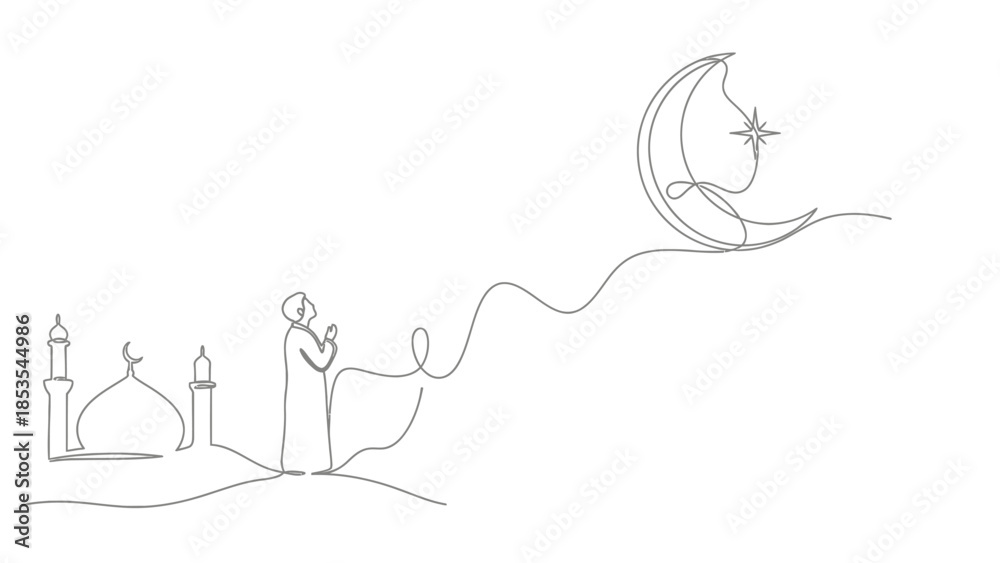 Naklejka premium Continuous Line Drawing: Muslim praying before mosque under crescent moon and star