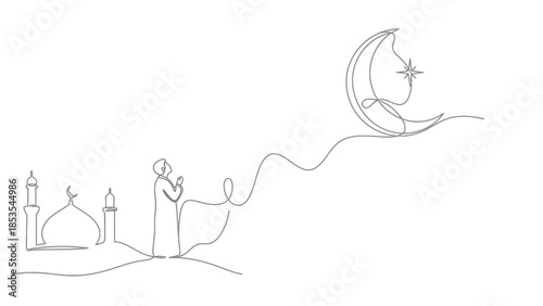 Continuous Line Drawing: Muslim praying before mosque under crescent moon and star