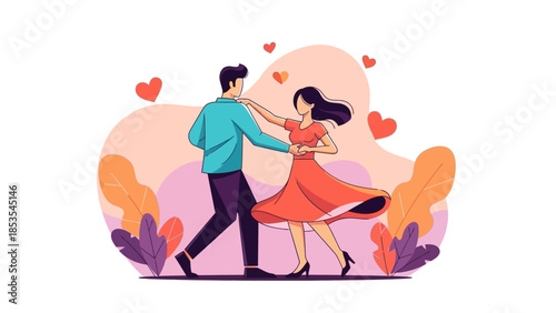 Couple dancing romantically with hearts and leaves, vector illustration
