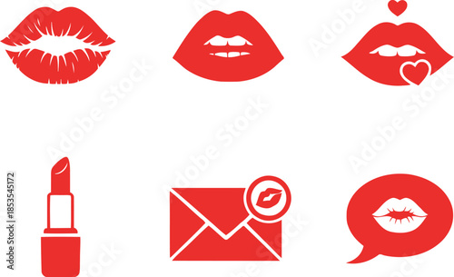 Stylish Lipstick and Kiss Icons for Beauty and Love Themes