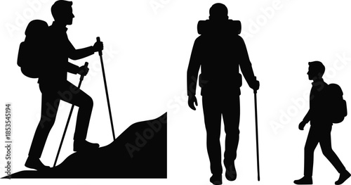 Silhouettes of hikers trekking, climbing slope, standing with poles, walking with backpack, black figures, outdoor activity, exploration, dynamic posture, white background