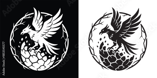 Phoenix Rising from Circular Fire Nest Silhouette Logo Design