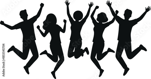 Silhouettes of people jumping in joy, black figures, arms raised, celebration pose, expressive movement, group energy, happiness, freedom, white background, dynamic posture