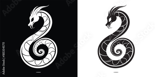 Tribal Dragon Serpent Logo with Spiral Tail and Horns Silhouette