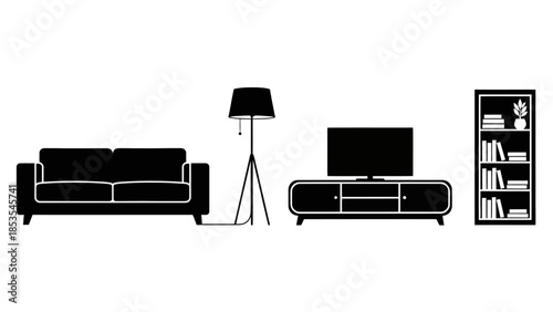 Simple living room furniture arrangement featuring a sofa lamp tv and shelving
