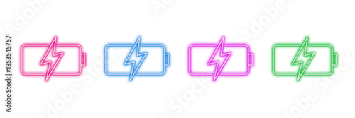 Neon glowing battery power vector icons set, electricity, energy, charge, status, UI, mobile, vibrant colorful digital design illustration on transparent background.