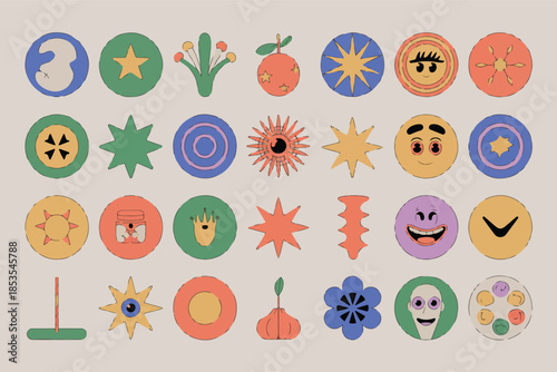 A seamless pattern and vector illustration set of colorful easter eggs featuring cute cartoon faces, happy smiles, and retro floral decorations for a fun baby wallpaper design