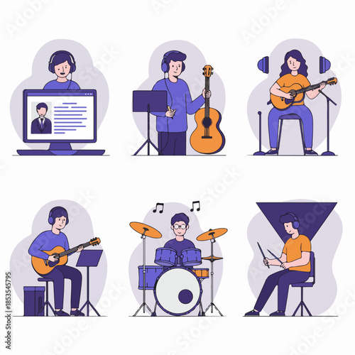 Collection of flat vector illustrations showing musicians practicing instruments, taking online music lessons, and performing with guitar and drums.