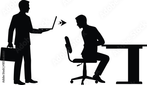 Silhouettes of professional interaction, standing presenter with laptop, seated desk user, black figures, workplace communication, office posture, white background, tech exchange