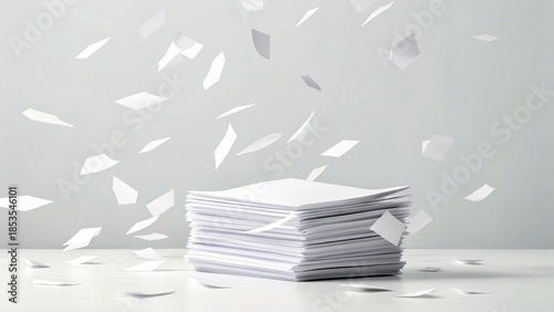 A stack of white paper documents fluttering in the air, symbolizing chaos or important administrative tasks