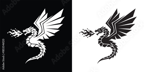 Flying Dragon Logo with Infinity Symbol Tail and Pixelated Fire Breath