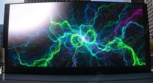 Vibrant Green and Blue Lightning Display on Large Outdoor LED Screen.