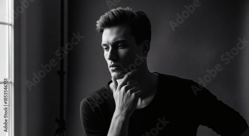 Thoughtful Young Man Gazing Out Window in Black and White.
