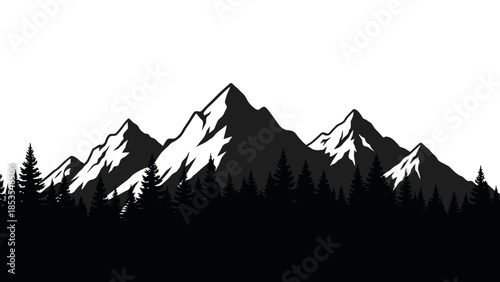 A striking black and white illustration depicting a mountainous landscape with trees