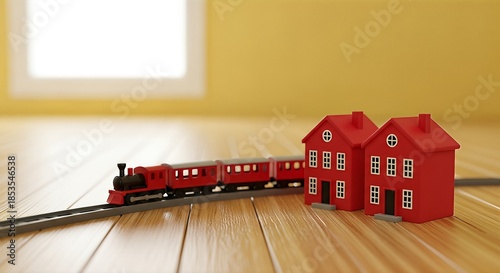 Toy Train and Red Houses on Wooden Floor.