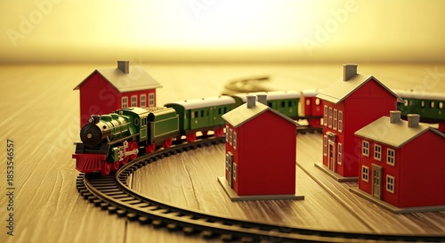 Toy train set with miniature houses on a wooden surface.
