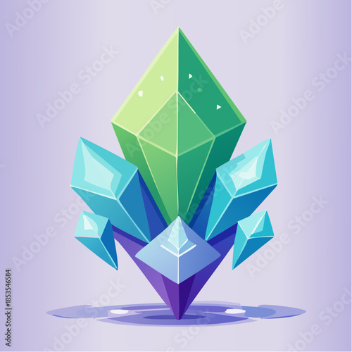 Illustration of a cluster of colorful crystals in green, blue, and purple hues.