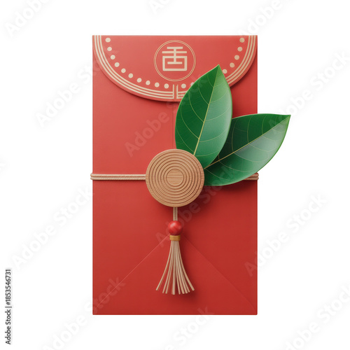 Traditional Chinese Red Envelope with Decorative Leaves and Tassel, Lucky Money Hongbao for Lunar New Year Celebration, Isolated on Transparent Background