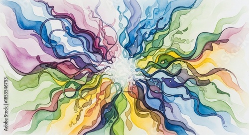 Vibrant Abstract Watercolor Painting with Flowing Organic Shapes and Bright Colors.