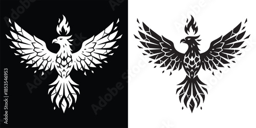 Phoenix Bird Logo Mythical Fire Bird Flying with Spread Wings Vector Illustration