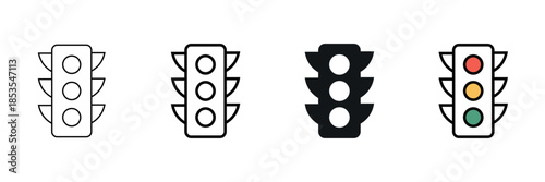 Set of minimalist traffic light icons with transparent background, depicting street signals, urban safety controls, road regulation systems, and transportation guidance, vector illustration