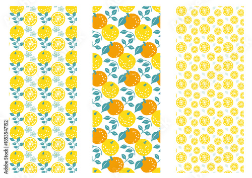 レトロ風のシンプルでポップな柚子のイラストのパターン　3種