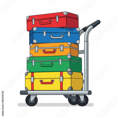 Vector illustration of colorful suitcases stacked on a luggage cart, ready for travel, vacation, or journey. Isolated on white